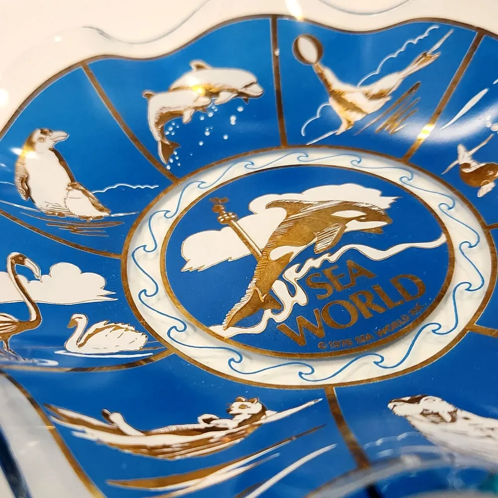 Vintage MCM Sea World Souvenir Blue Glass Decorative Bowl / Dish | 1976 Shamu